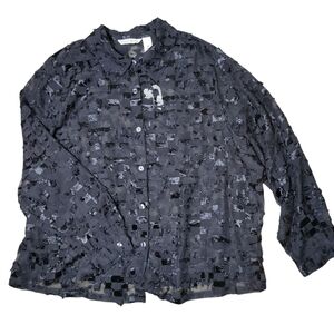 NWT French Laundry Black Sheer Textured Blouse Bold Checkered Top Plus Size 2x
